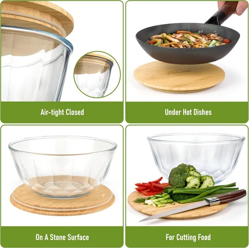 Miniatura 4 de Juego de 5 cuencos apilables grandes de vidrio anidables con tapas de bambú para preparación de alimentos, almacenamiento, horneado, mezcla de masa