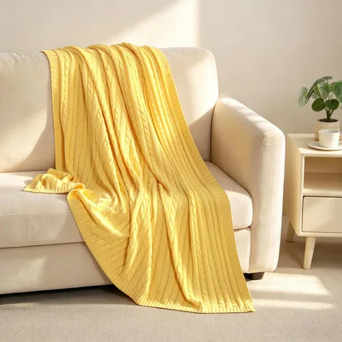 Miniatura 3 de NTBAY Manta de punto de cable de 100 % algodón puro, súper suave y cálida de 51 x 67 pulgadas, manta de punto para sofá, sillón, cama, extra Amarillo