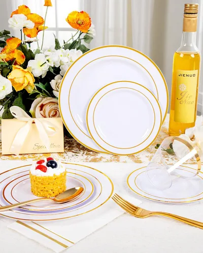 Miniatura 5 de GATHER 350 platos de plástico dorados. El juego de vajilla de plástico desechable blanco y dorado incluye 50 platos llanos, 50 platos de postre, 150