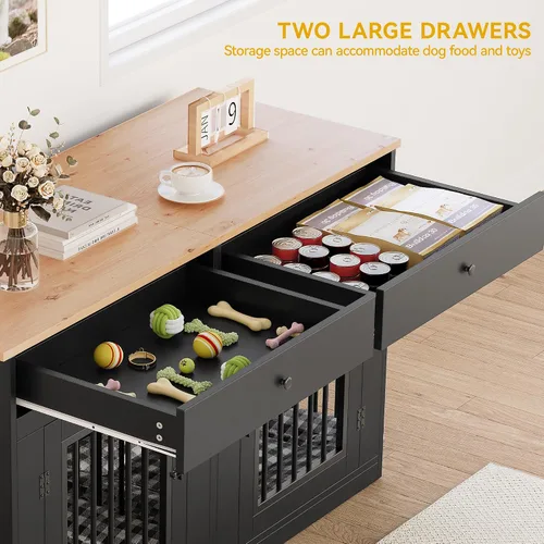 Miniatura 4 de DWVO Muebles de jaula doble de 60 pulgadas para 2 perros, soporte de TV de jaula de perro de madera resistente con divisor removible y cajones