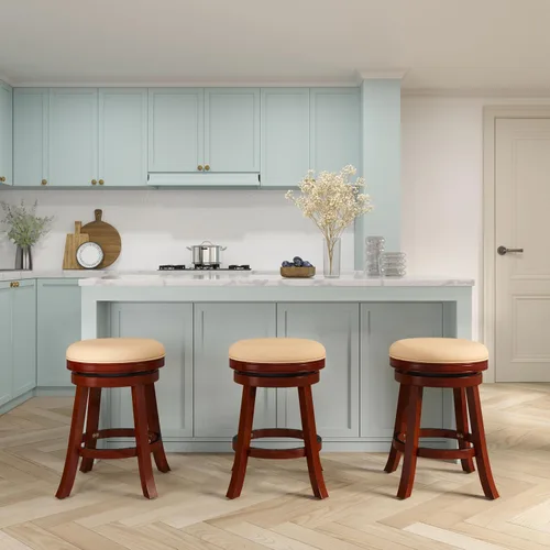 Miniatura 4 de DTY Indoor Living Creede - Taburetes de altura de mostrador de 26 pulgadas, giratorios sin espalda, acabado cereza con asiento de cuero de hueso