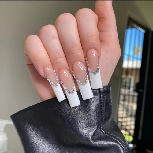 Magrace - Uñas postizas largas cuadradas a presión, uñas falsas blancas con diseños de diamantes de imitación estilo francés, 24 unidades, uñas
