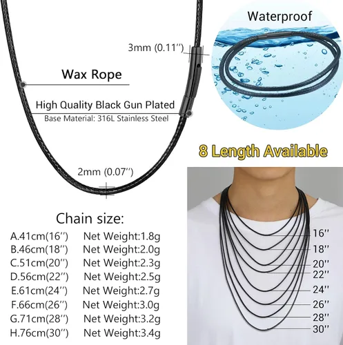 Miniatura 15 de PROSTEEL Collar de cuero impermeable para hombre, 0.079 in/0.118 in, 16 a 30 pulgadas, con cierre de acero inoxidable, cadena de bricolaje