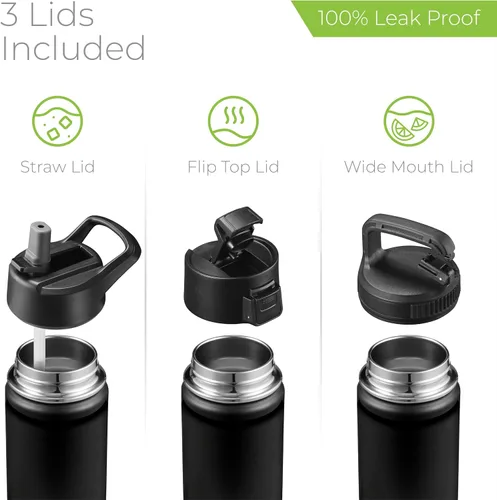 Miniatura 5 de SIPX™ Botella de Agua Aislada de 18 oz con 3 Tapas – Acero Inoxidable a Prueba de Fugas, Triple Aislamiento – Frío 24 Horas/Caliente 12 Horas