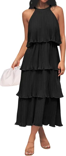 Zesica Vestido de verano sin mangas, con cuello halter y volantes escalonados, de gasa, con vuelo, largo por debajo de la rodilla