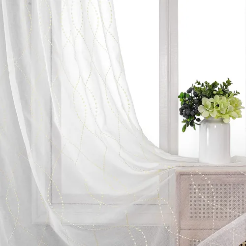 VISIONTEX Cortinas traslúcidas blancas de 63 pulgadas de largo, juego de 2 paneles de bordado marroquí con puntos beige, tela de gasa bordada,