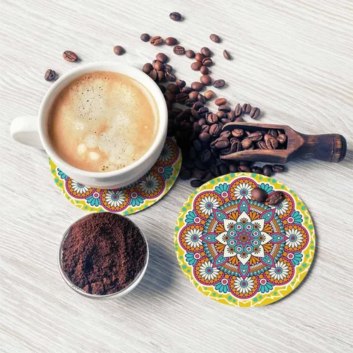 Miniatura 5 de Portavasos redondo con diseño de mandala de flores para el hogar, mesa de centro chino, oriental, fondo amarillo místico, adorno de asino, posavasos