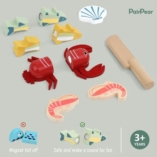 Miniatura 5 de PairPear Conjunto de Comida de Juguete de Madera para Cortar Mariscos - Comida de Juguete de Madera para Niños Pequeños Juego de Simulación