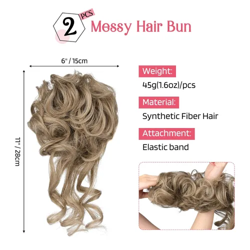 Miniatura 2 de HOOJIH 2 piezas de extensiones de cabello estilo moño despeinado, extensiones de cabello rizado y ondulado con tiras, cola de caballo, horquillas