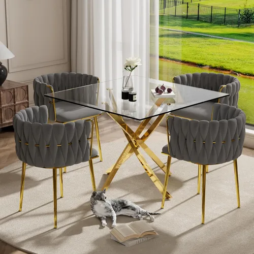 Miniatura 12 de RGZ Juego de mesa de cocina cuadrada minimalista moderna de 3 piezas, mesa de comedor de vidrio transparente con sillas tejidas negras, juego de 2