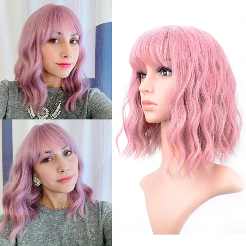 Miniatura 17 de VCKOVCKO Peluca natural ondulada rosa pastel, pelucas coloridas con flequillo de aire, pelucas cortas estilo Bob para mujer, pelucas largas hasta