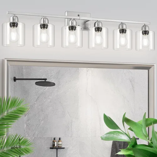 Miniatura 41 de Luz de baño de níquel cepillado, Luz de tocador de baño de 2 luces de níquel cepillado, Lámpara de tocador con pantallas de vidrio esmerilado blanco