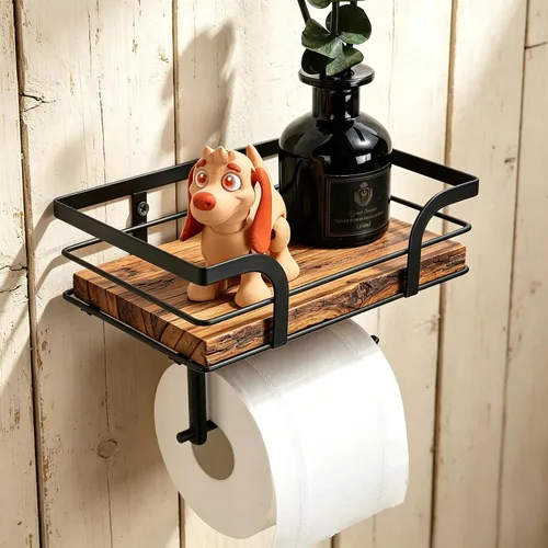 Toilet Roll Holder Wall Mounted/Self Adhesive - Toilet Paper Holder with Shelf for Storage, Tissue Holder for Bathroom and Kitchen, Black and Rustic