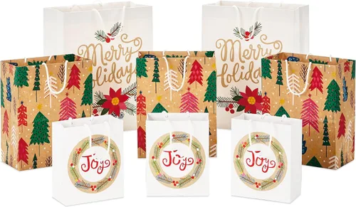 Hallmark Bolsas de regalo navideñas (8 bolsas: 3 pequeñas de 6 pulgadas, 3 medianas de 9 pulgadas, 2 grandes de 13 pulgadas), papel kraft reciclable