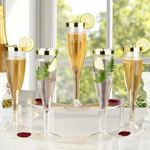 Miniatura 5 de Goodluck Paquete de 36 copas de champán transparentes de plástico de 6.5 onzas con borde dorado, vasos desechables de champán para brindis de boda