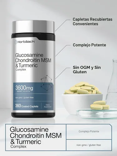 Miniatura 4 de Horbäach Glucosamina condroitina MSM 3600 mg 360 comprimidos Fórmula avanzada con cúrcuma Sin OMG, sin gluten Fórmula avanzada con cúrcuma