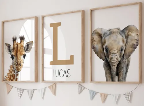 Miniatura 12 de Animales de safari personalizados para habitación de bebé, niño, niña, cuarto de bebé, juego de 3 impresiones sin marco, nombre personalizado, gris