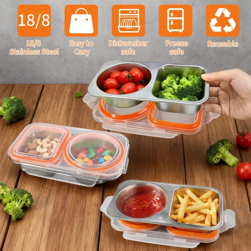 Miniatura 5 de Recipientes de acero inoxidable con tapa, contenedores reutilizables de 2 compartimentos para aperitivos a prueba de fugas, contenedor