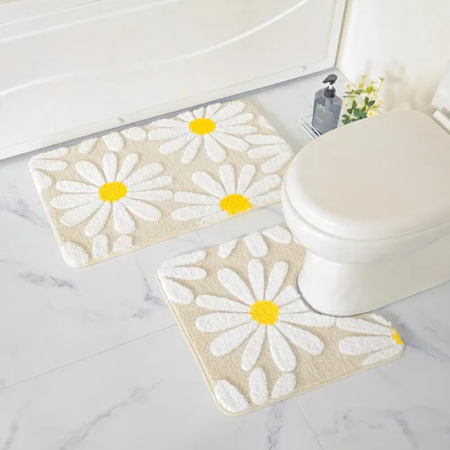 Miniatura 6 de QJHOMO Alfombras de inodoro en forma de U, linda alfombra de baño con contorno de margarita beige 20"x20", alfombra extra gruesa y suave