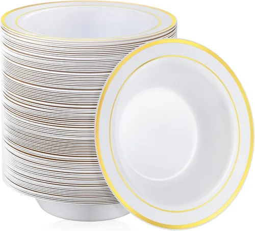 Miniatura 7 de Tanlade 100 cuencos de plástico con borde de 12 onzas, tazones desechables para sopa, elegantes para fiestas, postres, vajilla desechable