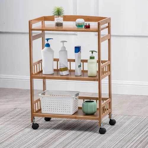 Miniatura 8 de Carrito de almacenamiento de bambú de 3 niveles, carrito utilitario de cocina con ruedas con estante de almacenamiento, carrito rodante con estantes