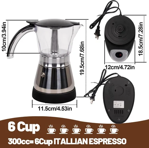 Miniatura 2 de Olla eléctrica Moka de 3 a 6 tazas de 5.1-10.1 fl oz de plástico transparente, cafetera portátil de acero inoxidable, cafetera italiana, máquina