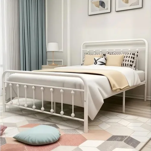 Miniatura 3 de Marco de cama de metal tamaño matrimonial con cabecero y estribo, sin somier, color blanco