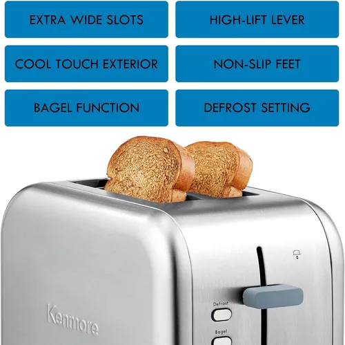 Miniatura 3 de Kenmore - Tostadora de 2 rebanadas, acero inoxidable, ranuras extra anchas, funciones de bagel y descongelación, 9 niveles de tostado, bandeja
