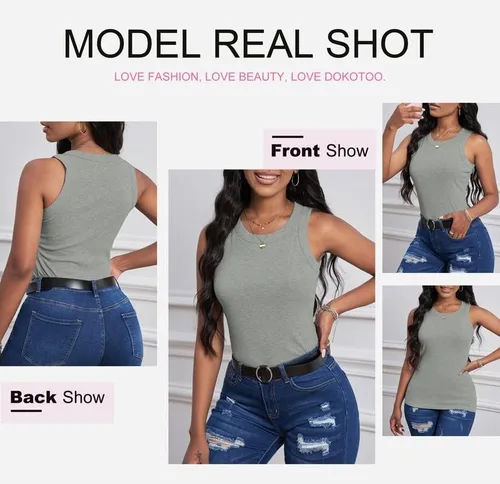 Miniatura 4 de Dokotoo Womens Ladies Ribbed Thick Strap Low Cut Tight Slim Fitted Sporty Workout Tank Tops