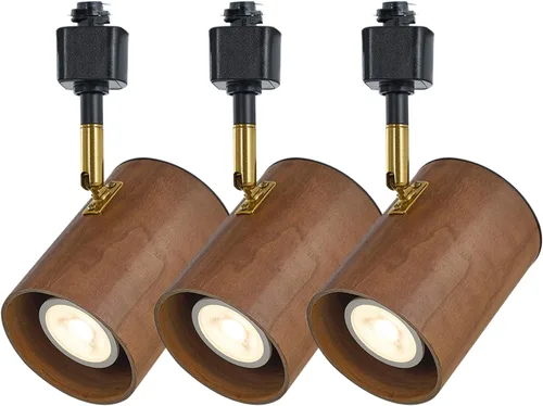 Iluminación moderna de riel tipo H, acabado negro ajustable y cabezales de pantalla de madera oscura real, kit de artículos giratorios de latón,