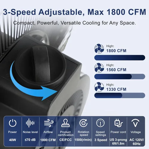 Miniatura 3 de Xcity Ventiladores de piso industriales de metal de 12 pulgadas, máximo 1800 CFM, ventilador de alta velocidad resistente con inclinación ajustable