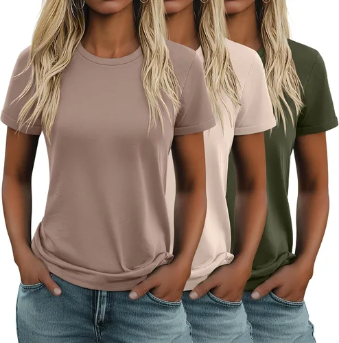 Miniatura 35 de Huukeay Paquete de 3 camisetas de algodón para mujer, estilo casual, de manga corta, cuello redondo, ajuste holgado, básica, lisa