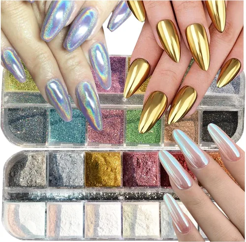 Juego de 2 cajas de 24 colores holográficos cromados para uñas | Nail Powders Laser Shining Glitter Metallic Mirror Effect Holographic Aurora