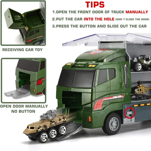 Miniatura 3 de 26 piezas de camiones militares con soldados de juguete (2 en 1), mini coche de batalla fundido en camión transportador, juguete de ejército
