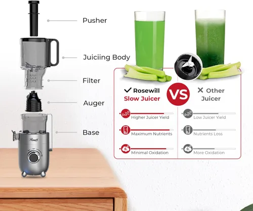 Miniatura 6 de Rosewill Exprimidor de prensa en frío, máquina extractor de jugo de canal de alimentación de 4.72 pulgadas de ancho, alto rendimiento de jugo