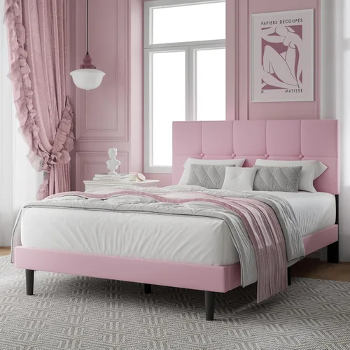 Miniatura 10 de IOILORI - Marco de cama tamaño Queen, marco de cama tapizada tamaño Queen con cabecero, cabecero tapizado, listones de madera resistentes, Beige