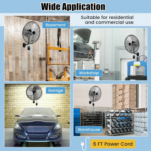 Miniatura 9 de Tangkula Ventilador de pared de 20 pulgadas con aspas de aluminio, ventilador de pared de metal oscilante industrial de 3 velocidades, resistente