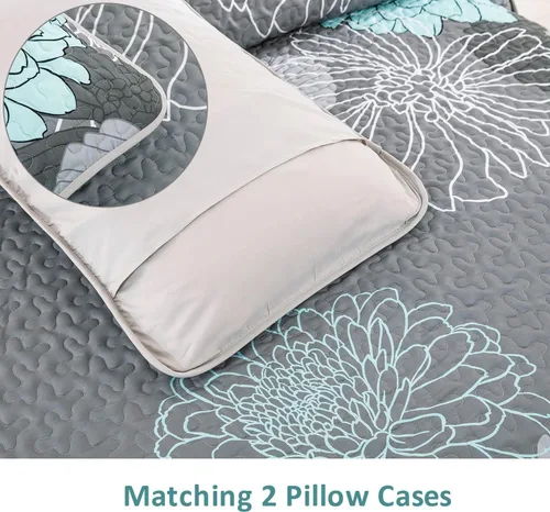 Miniatura 6 de Yiran Juego de edredón floral gris aguamarina, tamaño Queen, colchas botánicas de verano, juego de ropa de cama de 3 piezas, colcha ligera