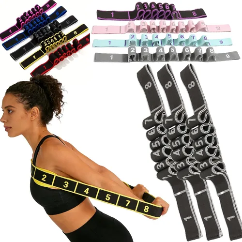 Miniatura 14 de Banda de resistencia de fitness para estiramiento y yoga, banda de resistencia de yoga ajustable de 8 segmentos con asas para brazos, ejercicio