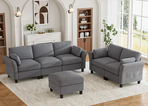 Miniatura 26 de Legend Vansen Sofá modular seccional, cómodo sofá modular en forma de U de 6 asientos con espacio de almacenamiento y diván, sofás seccionales Crema