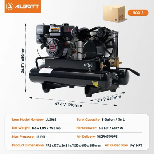 Miniatura 2 de Albott 6.5HP Gas Powered Air Compressor, 8 Gallon Portable Horizontal Tank, 196cc Loncin Engine, 10 CFM at 115 PSI, Wheeled Piston Pump for Workshop