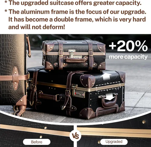 Miniatura 5 de urecity Juego de 2 maletas vintage, maleta retro con ruedas para hombres y mujeres, lindo juego de equipaje de viaje de diseñador con bolsa