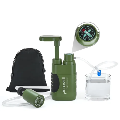 Purewell Bomba purificadora de mano de agua con carbono reemplazable de 0.01 micrones, etapas, equipo portátil de emergencia y supervivencia al aire