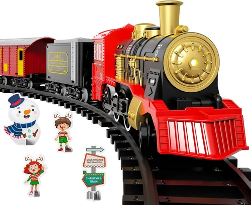 Kukufun - Juego de tren eléctrico para niños, juguetes clásicos de tren de Navidad para niños y niñas, locomotora de vapor, motor, luces y sonido,