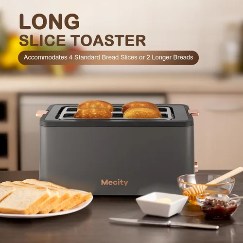 Miniatura 2 de Mecity Tostadora de 4 rebanadas, tostadora de ranura larga con estante de calentamiento, temporizador, bagel, descongelación, funciones
