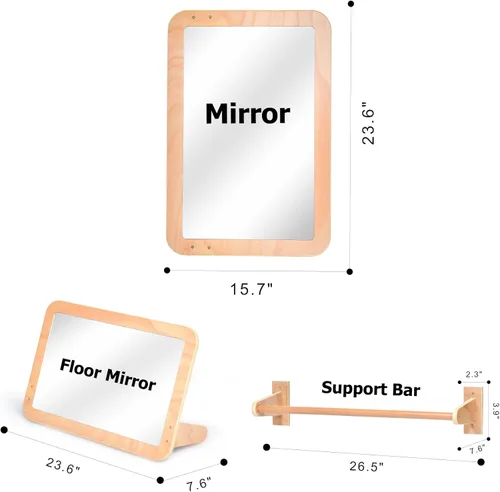 Miniatura 9 de Montessori Baby Espejo de seguridad inastillable 2 en 1 con barra de dominadas, montaje en pared infantil y juego en el suelo para el tiempo boca