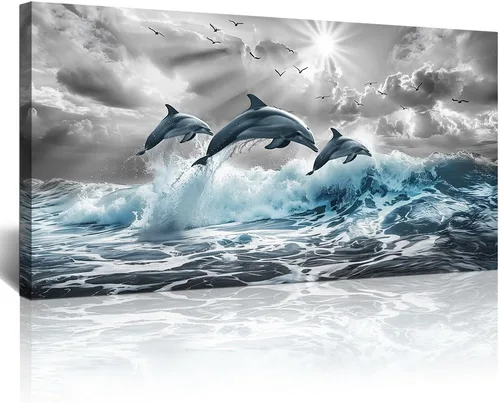 Lapremoly Decoración de pared para sala de estar, arte de pared grande para dormitorio, olas azules del mar, ilustraciones de pared, oficina,