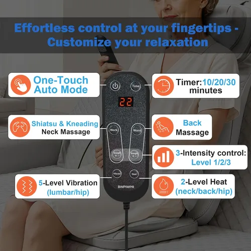 Miniatura 5 de Cojín de masaje Shiatsu para cuello y espalda con calor - Amasamiento 4D y vibración para alivio muscular, diseño de doble cuello, intensidad