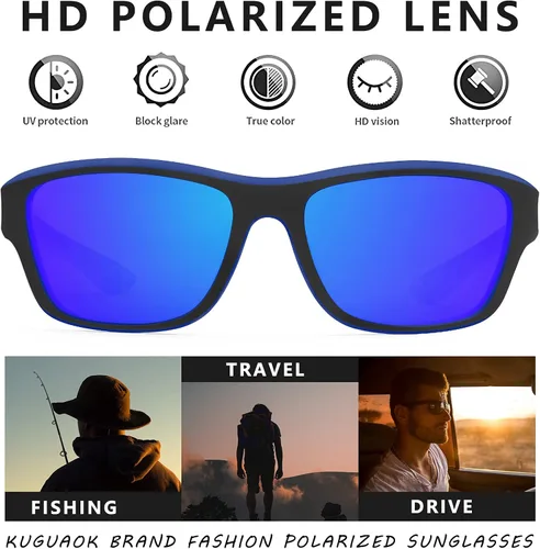 Miniatura 22 de KUGUAOK Gafas de sol deportivas polarizadas para hombres, para conducir, ciclismo, pesca, gafas de sol 100% con protección UV 3apck-negro+azul+azul