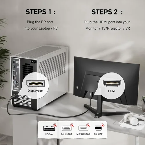 Miniatura 6 de BENFEI Paquete de 2 cables 4K DisplayPort a HDMI de 6 pies, cable de pantalla unidireccional DP 1.2 de computadora a HDMI 1.4 compatible con HP